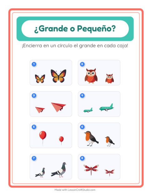 Vista previa de la hoja de Grande O Pequeño con Cosas que vuelan para preescolar