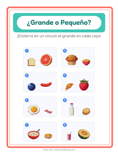 Vista previa de la hoja de Grande O Pequeño con Desayuno para preescolar