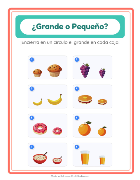 Vista previa de la hoja de Grande O Pequeño con Desayuno para preescolar