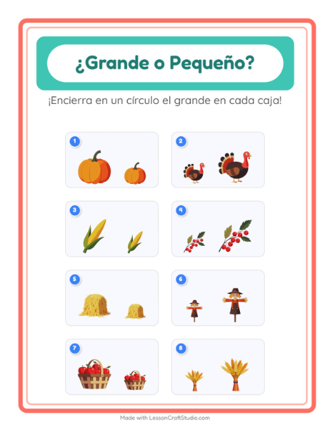 Vista previa de la hoja de Grande O Pequeño con Día de Acción de Gracias para preescolar