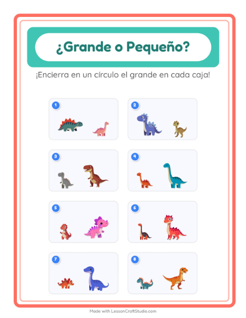 Vista previa de la hoja de Grande O Pequeño con Dinosaurios para preescolar