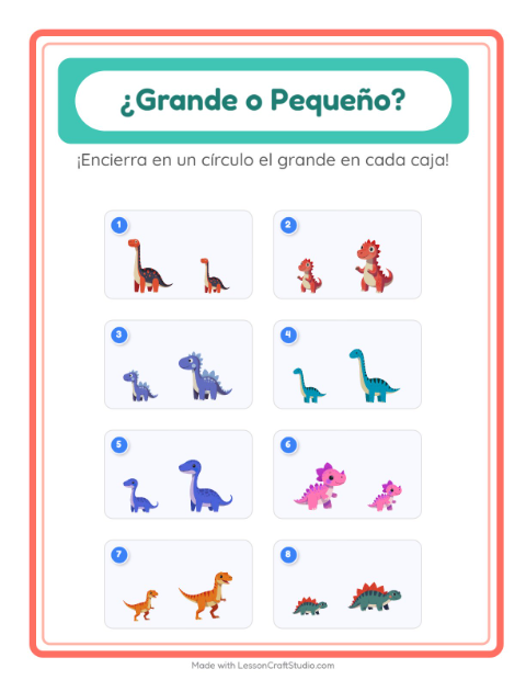 Vista previa de la hoja de Grande O Pequeño con Dinosaurios para preescolar