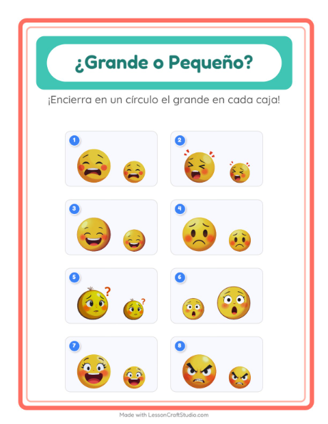 Vista previa de la hoja de Grande O Pequeño con Emociones para preescolar