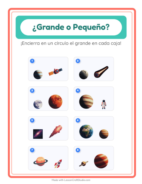 Vista previa de la hoja de Grande O Pequeño con Espacio para preescolar