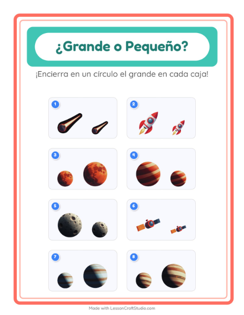 Vista previa de la hoja de Grande O Pequeño con Espacio para preescolar
