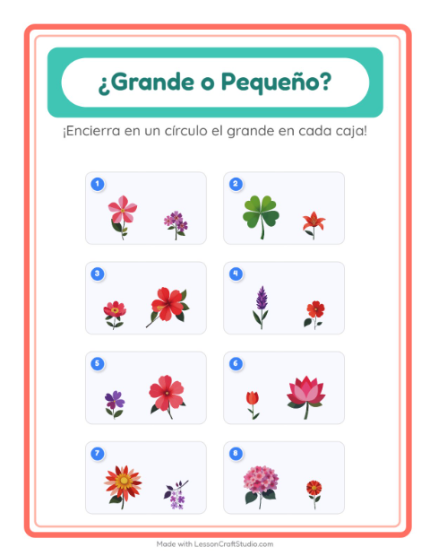 Vista previa de la hoja de Grande O Pequeño con Flores para preescolar