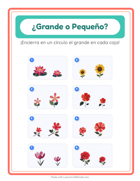 Vista previa de la hoja de Grande O Pequeño con Flores para preescolar