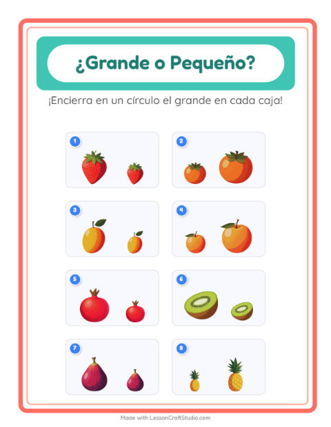 Vista previa de la hoja de Grande O Pequeño con Frutas para preescolar