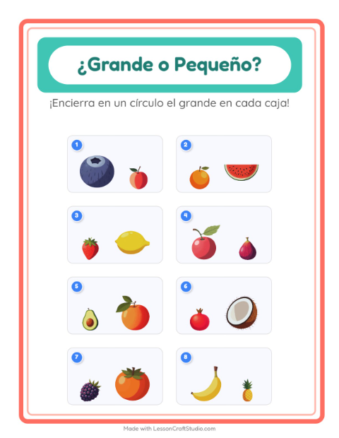 Vista previa de la hoja de Grande O Pequeño con Frutas para preescolar