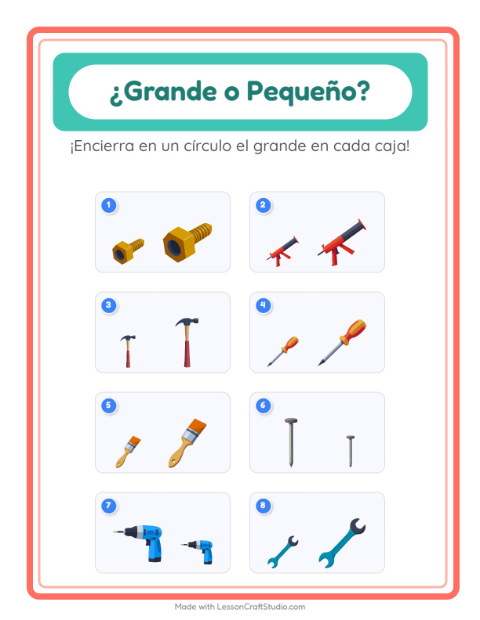 Vista previa de la hoja de Grande O Pequeño con Herramientas para preescolar