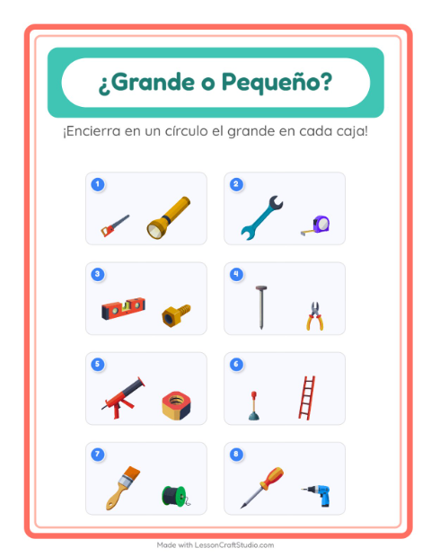 Vista previa de la hoja de Grande O Pequeño con Herramientas para preescolar