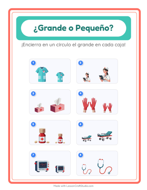 Vista previa de la hoja de Grande O Pequeño con Hospital para preescolar