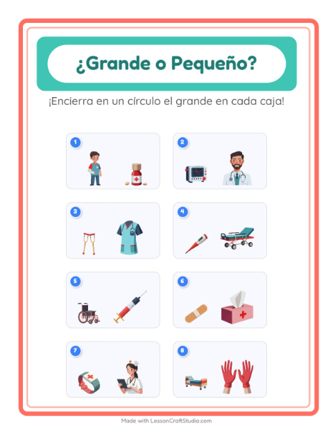 Vista previa de la hoja de Grande O Pequeño con Hospital para preescolar