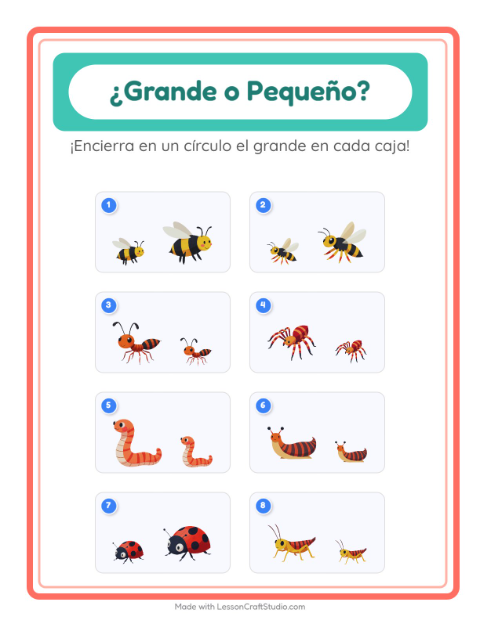 Vista previa de la hoja de Grande O Pequeño con Insectos y bichos para preescolar