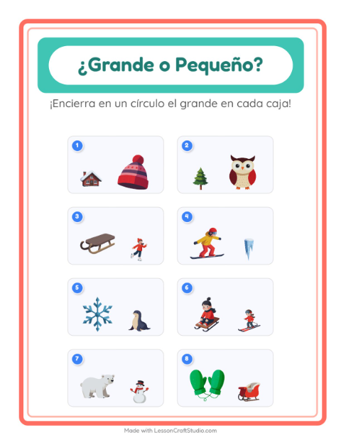 Vista previa de la hoja de Grande O Pequeño con Invierno para preescolar