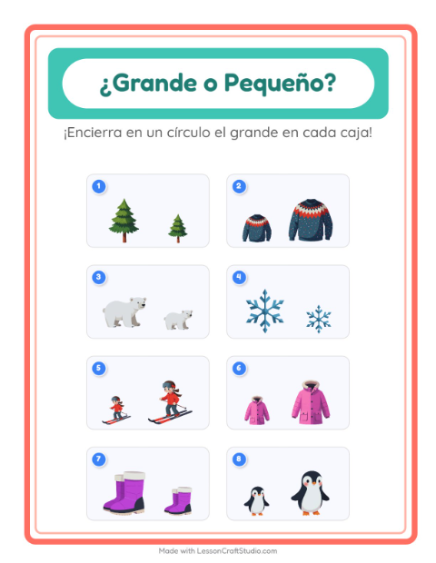 Vista previa de la hoja de Grande O Pequeño con Invierno para preescolar