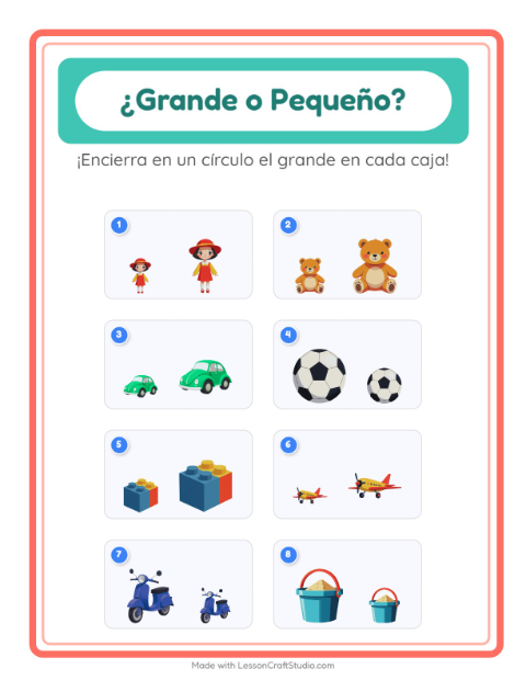 Vista previa de la hoja de Grande O Pequeño con Juguetes para preescolar