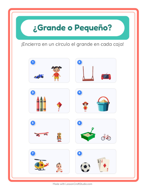 Vista previa de la hoja de Grande O Pequeño con Juguetes para preescolar