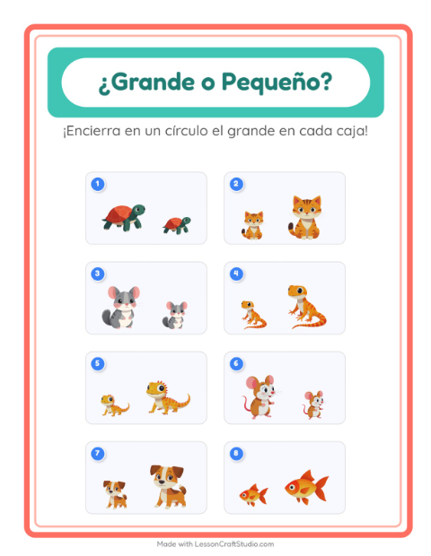 Vista previa de la hoja de Grande O Pequeño con Mascotas para preescolar
