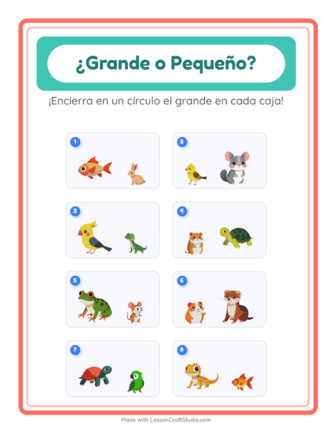 Vista previa de la hoja de Grande O Pequeño con Mascotas para preescolar