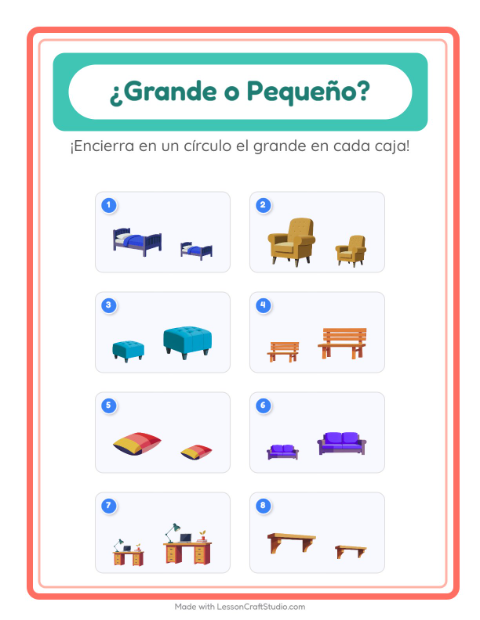 Vista previa de la hoja de Grande O Pequeño con Muebles para preescolar