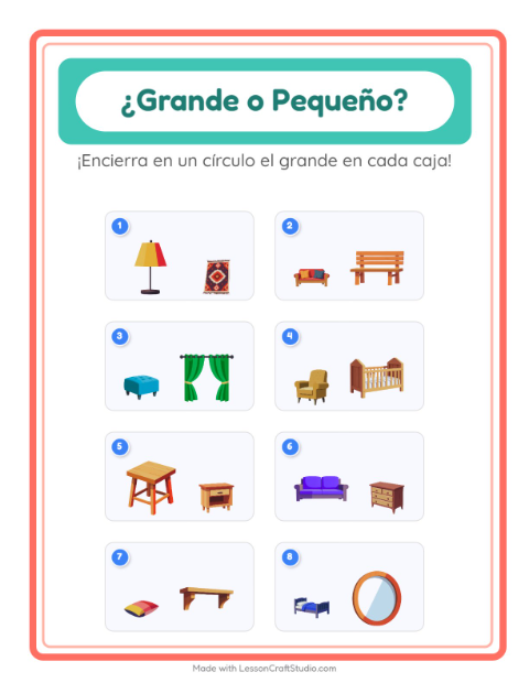 Vista previa de la hoja de Grande O Pequeño con Muebles para preescolar