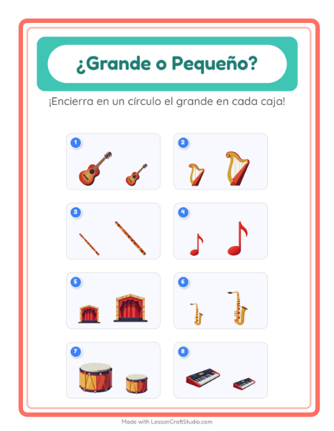 Vista previa de la hoja de Grande O Pequeño con Música para preescolar