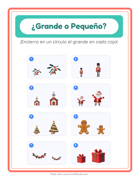 Vista previa de la hoja de Grande O Pequeño con Navidad para preescolar