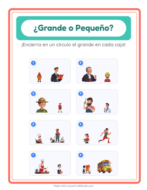 Vista previa de la hoja de Grande O Pequeño con Ocupaciones para preescolar