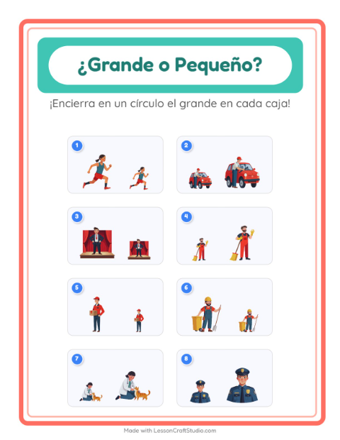 Vista previa de la hoja de Grande O Pequeño con Ocupaciones para preescolar