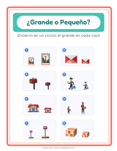 Vista previa de la hoja de Grande O Pequeño con Oficina de correos para preescolar