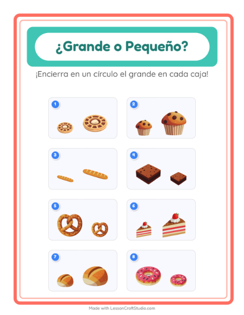 Vista previa de la hoja de Grande O Pequeño con Panadería para preescolar