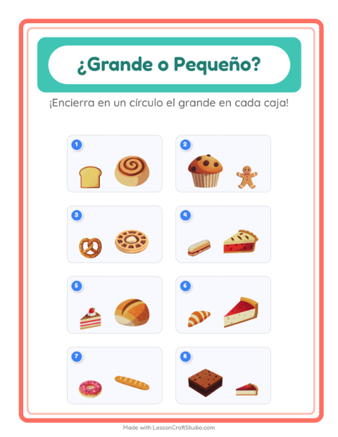 Vista previa de la hoja de Grande O Pequeño con Panadería para preescolar