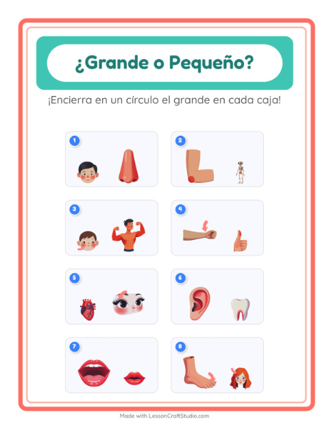 Vista previa de la hoja de Grande O Pequeño con Partes del cuerpo para preescolar