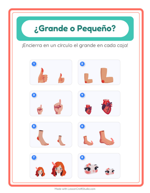 Vista previa de la hoja de Grande O Pequeño con Partes del cuerpo para preescolar
