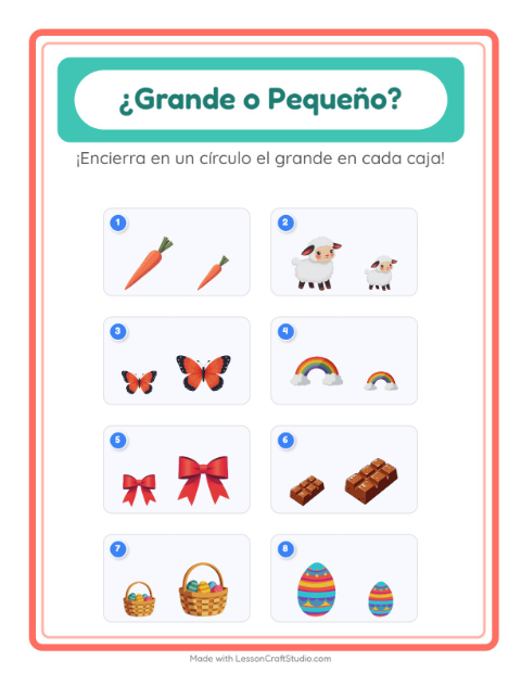 Vista previa de la hoja de Grande O Pequeño con Pascua para preescolar