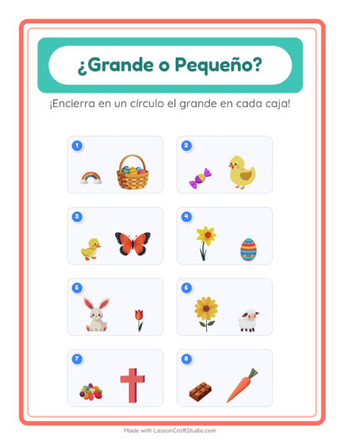 Vista previa de la hoja de Grande O Pequeño con Pascua para preescolar