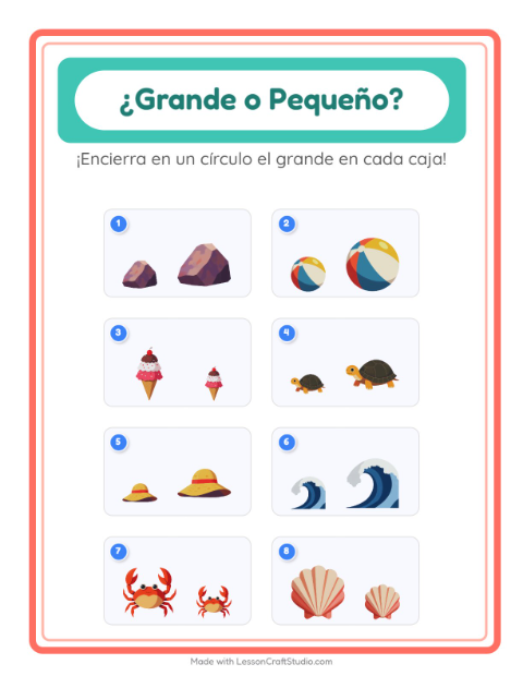 Vista previa de la hoja de Grande O Pequeño con Playa para preescolar
