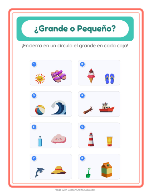 Vista previa de la hoja de Grande O Pequeño con Playa para preescolar