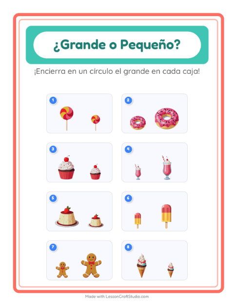 Vista previa de la hoja de Grande O Pequeño con Postres y dulces para preescolar
