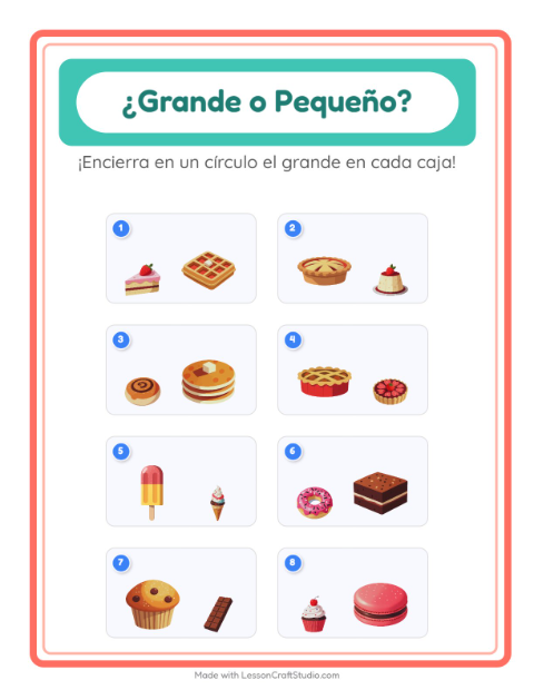 Vista previa de la hoja de Grande O Pequeño con Postres y dulces para preescolar