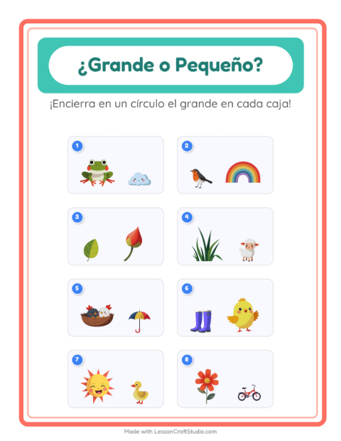 Vista previa de la hoja de Grande O Pequeño con Primavera para preescolar