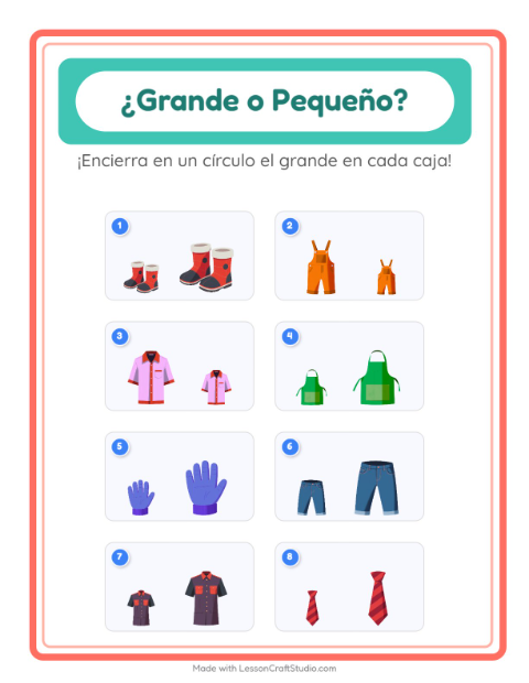 Vista previa de la hoja de Grande O Pequeño con Ropa para preescolar