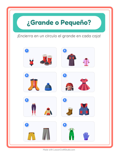 Vista previa de la hoja de Grande O Pequeño con Ropa para preescolar