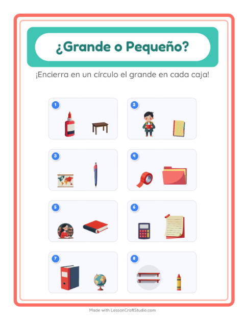 Vista previa de la hoja de Grande O Pequeño con Salón de clases para preescolar