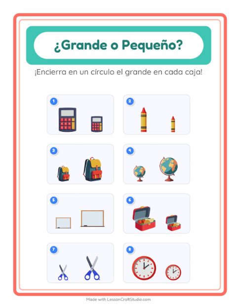 Vista previa de la hoja de Grande O Pequeño con Salón de clases para preescolar
