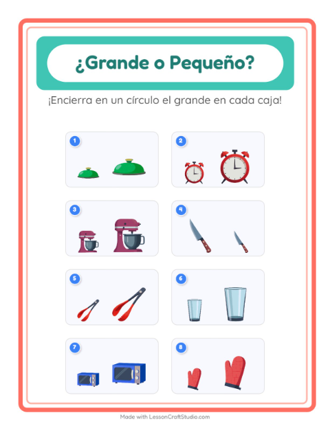 Vista previa de la hoja de Grande O Pequeño con Utensilios de cocina para preescolar