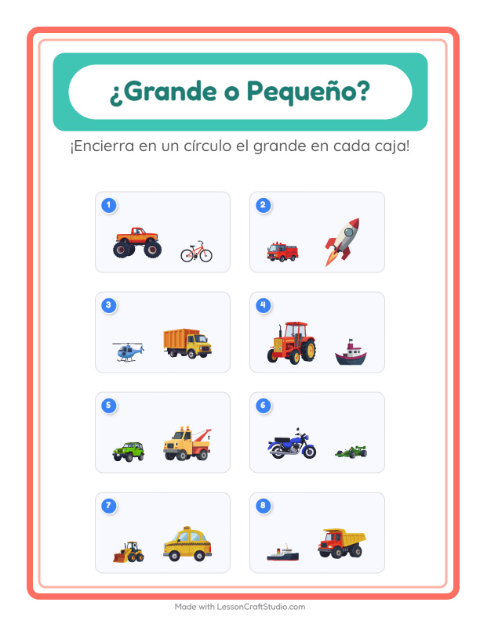 Vista previa de la hoja de Grande O Pequeño con Vehículos para preescolar