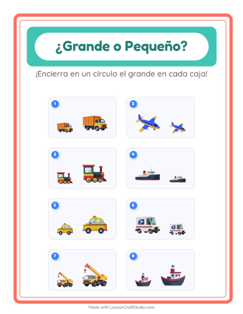 Vista previa de la hoja de Grande O Pequeño con Vehículos para preescolar