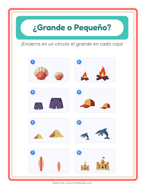 Vista previa de la hoja de Grande O Pequeño con Verano para preescolar
